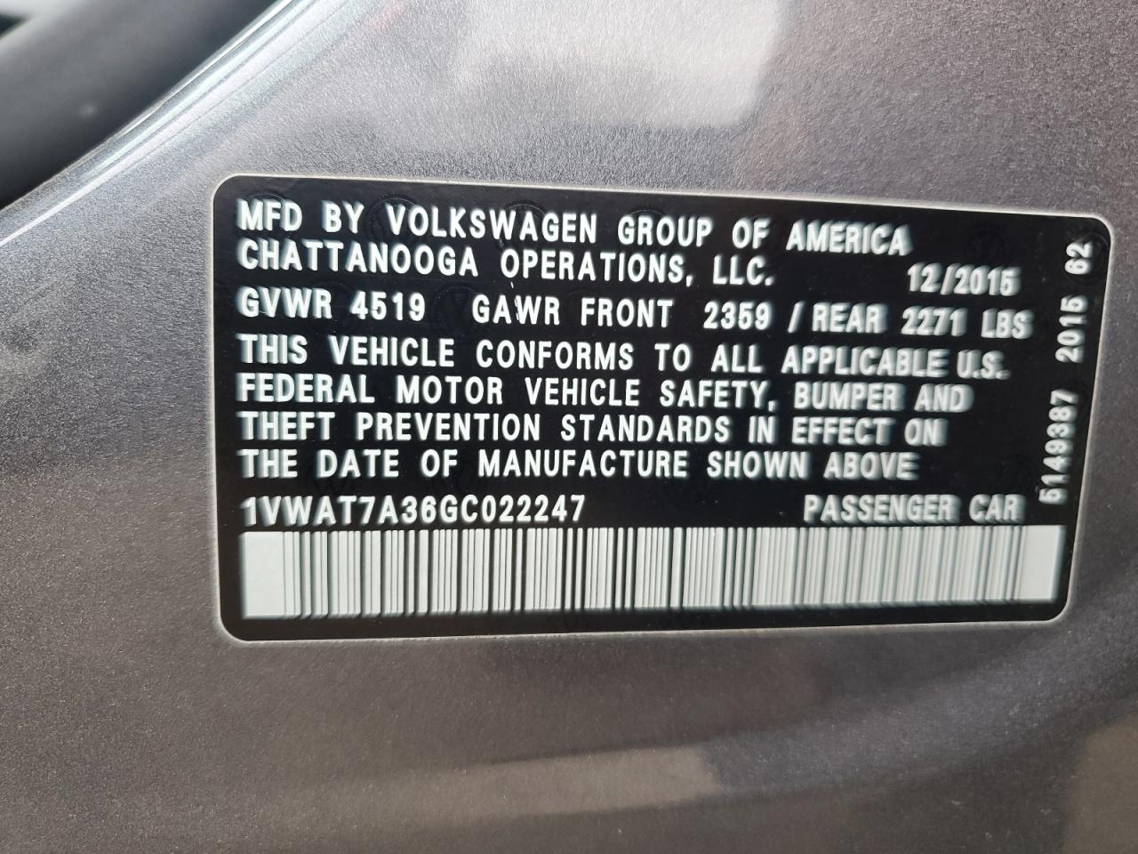 1VWAT7A36GC022247 2016 Volkswagen Passat S