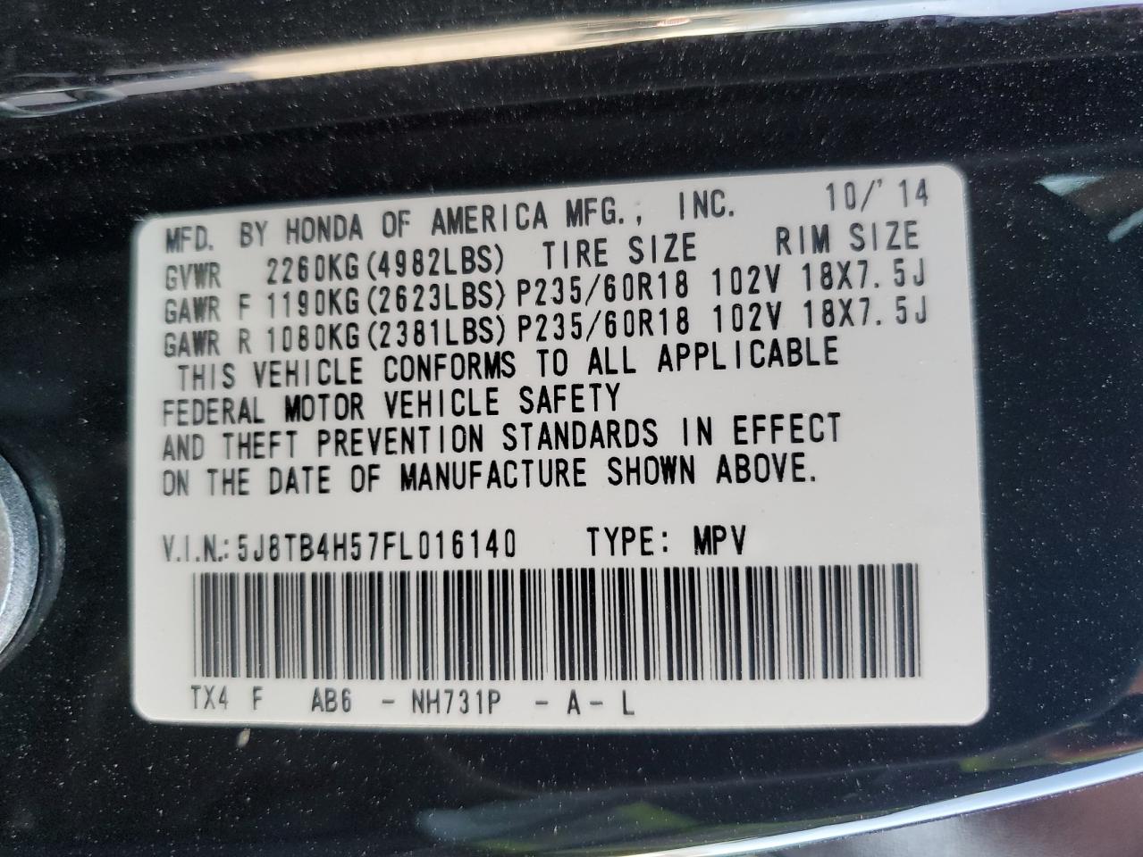 5J8TB4H57FL016140 2015 Acura Rdx Technology