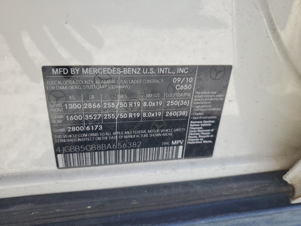 4JGBB5GB8BA656382 2011 Mercedes-Benz Ml 350