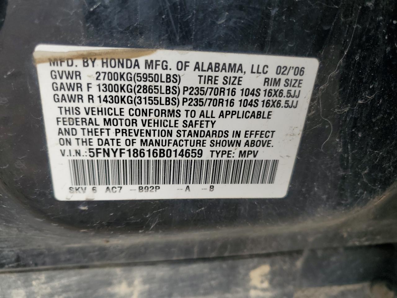 5FNYF18616B014659 2006 Honda Pilot Ex