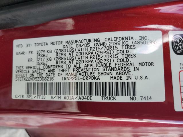 2005 Toyota Tacoma Access Cab VIN: 5TETX22N35Z068216 Lot: 52680854