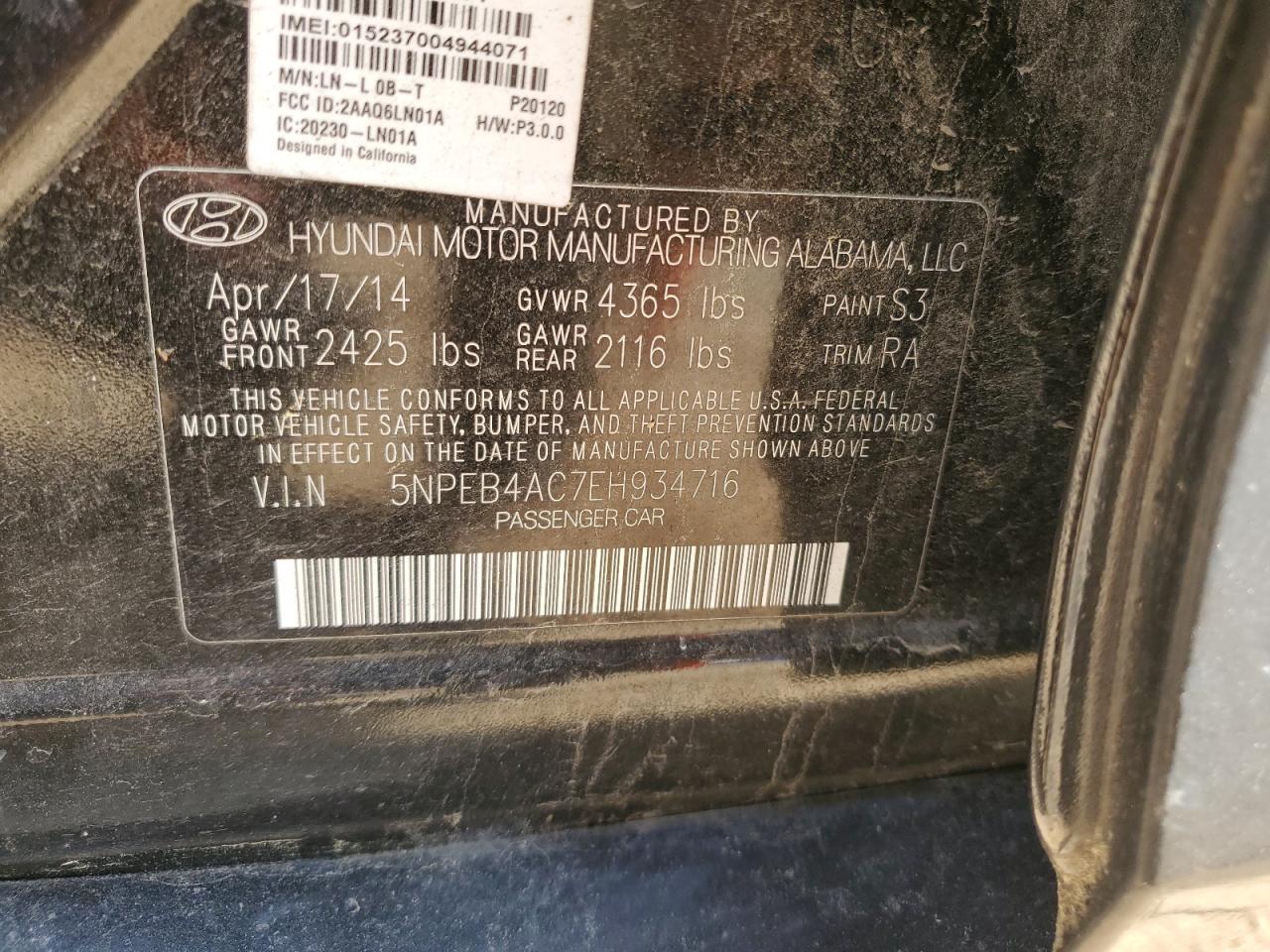 5NPEB4AC7EH934716 2014 Hyundai Sonata Gls