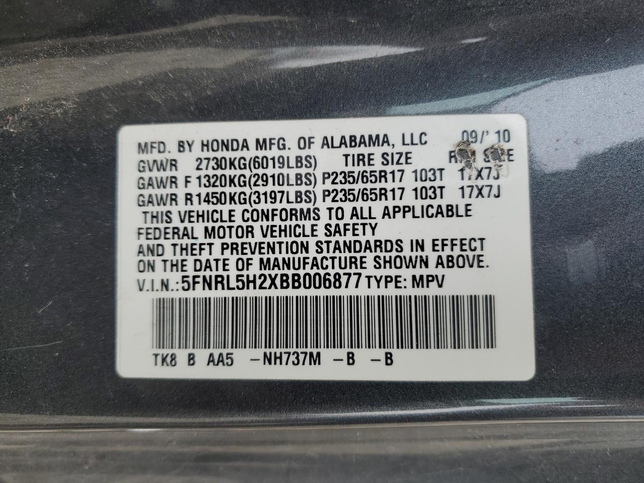 5FNRL5H2XBB006877 2011 Honda Odyssey Lx