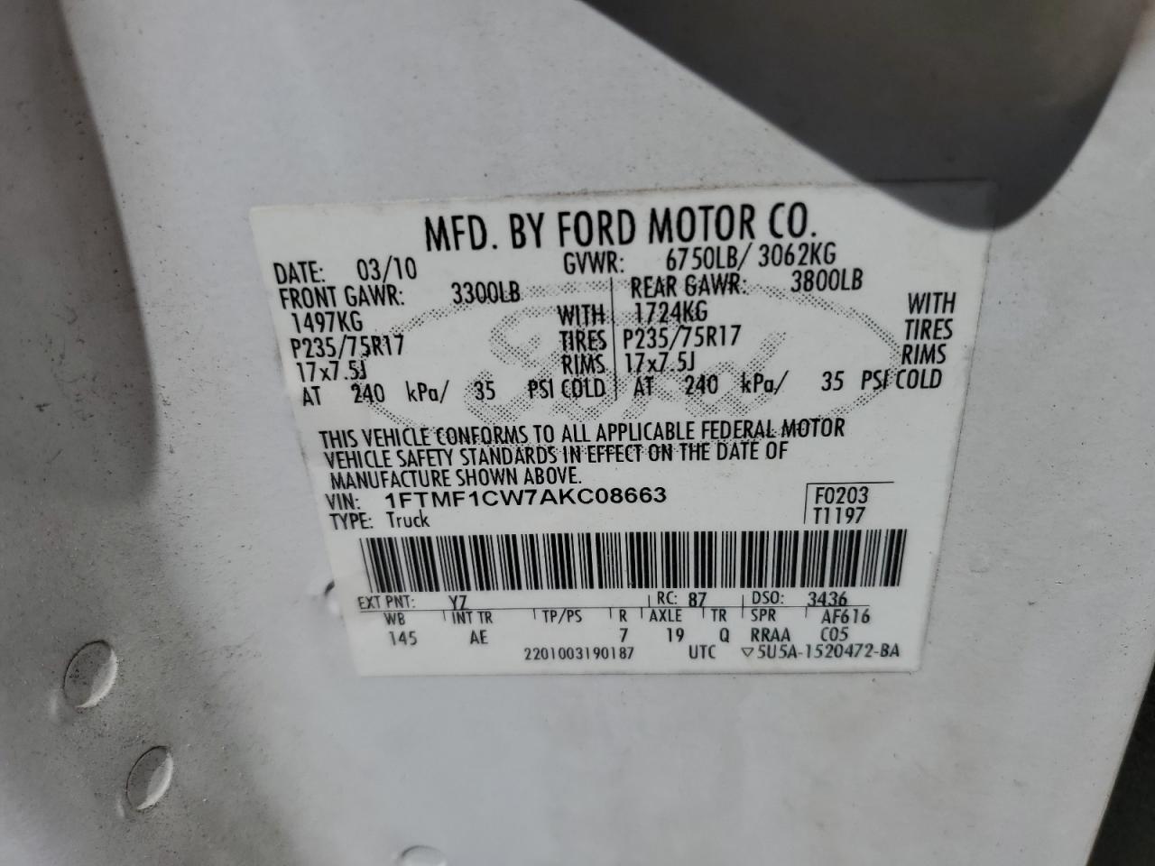 1FTMF1CW7AKC08663 2010 Ford F150