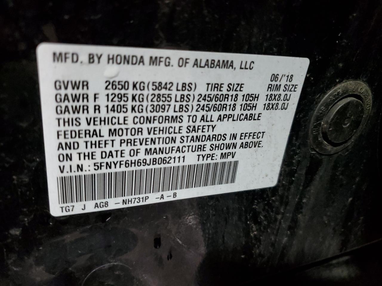 5FNYF6H69JB062111 2018 Honda Pilot Exl