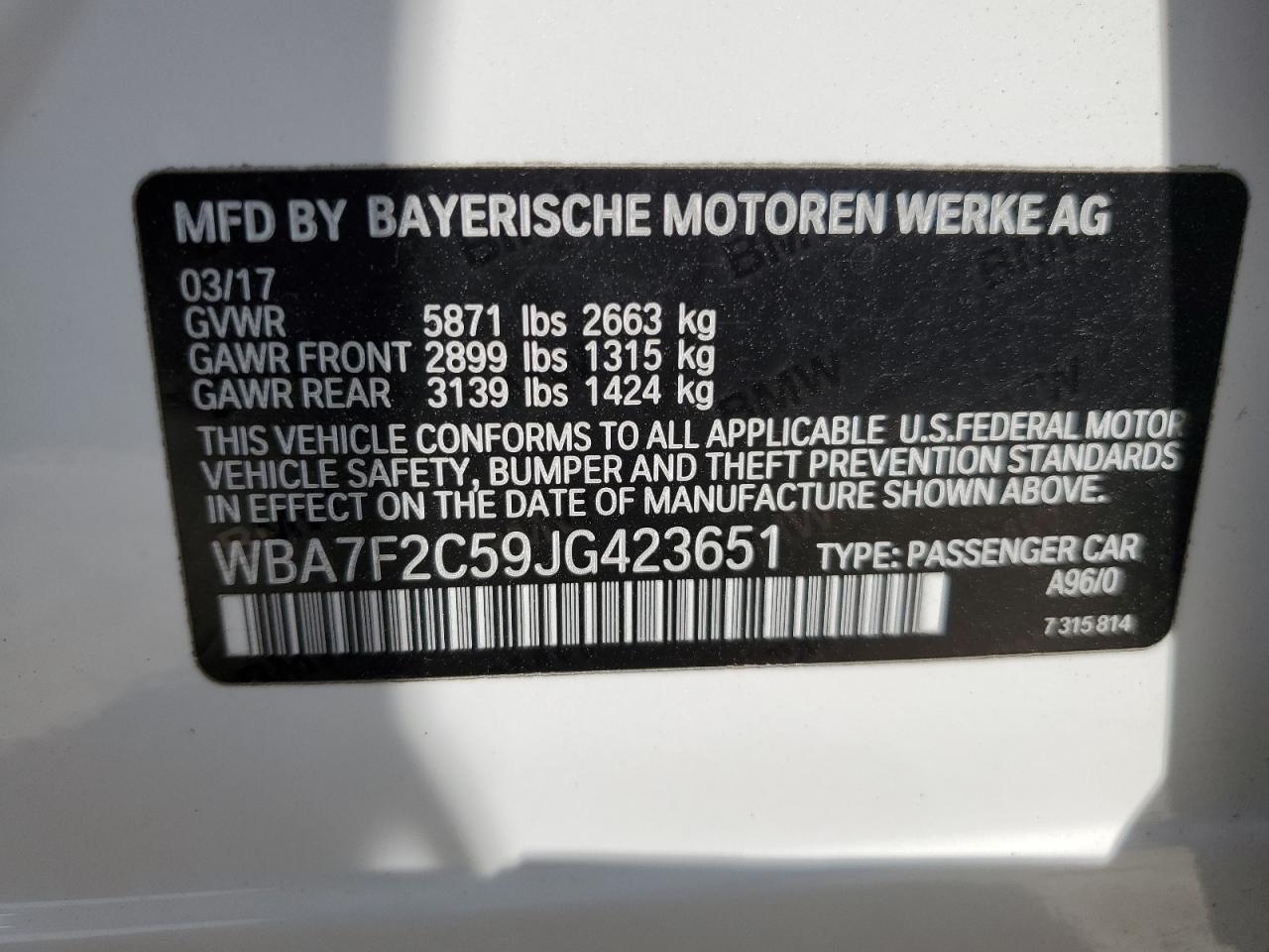 WBA7F2C59JG423651 2018 BMW 750 Xi