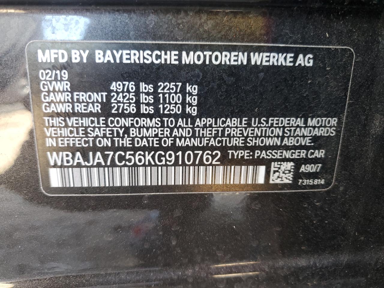 WBAJA7C56KG910762 2019 BMW 530 Xi