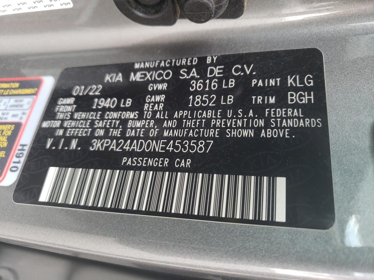 3KPA24AD0NE453587 2022 Kia Rio Lx