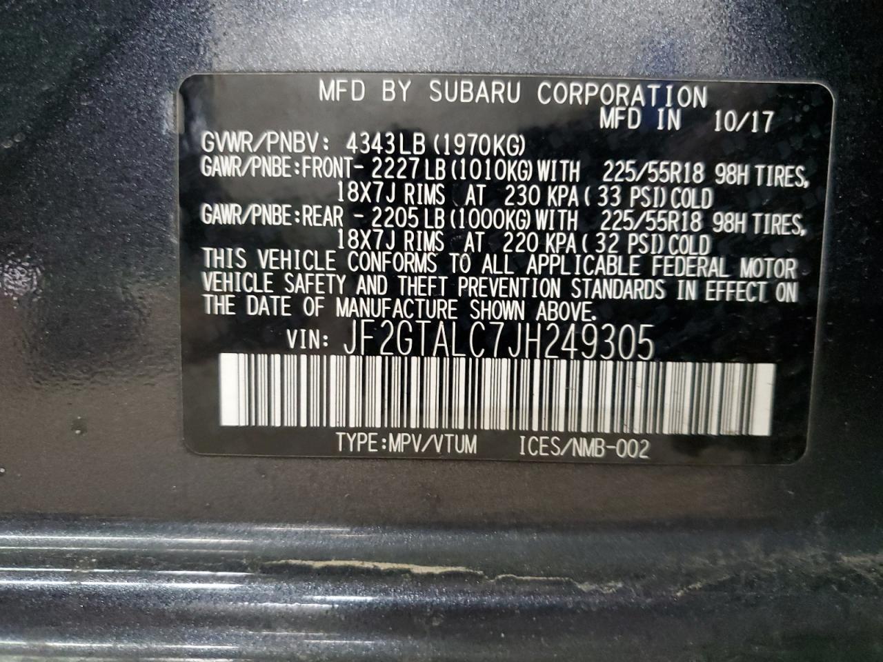 JF2GTALC7JH249305 2018 Subaru Crosstrek Limited