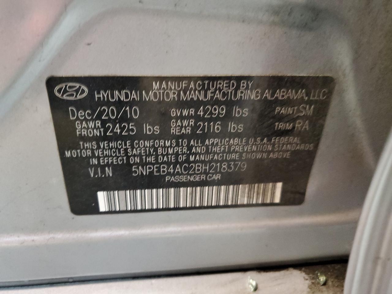 5NPEB4AC2BH218379 2011 Hyundai Sonata Gls