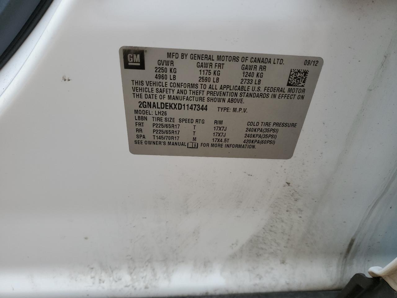 2GNALDEKXD1147344 2013 Chevrolet Equinox Lt