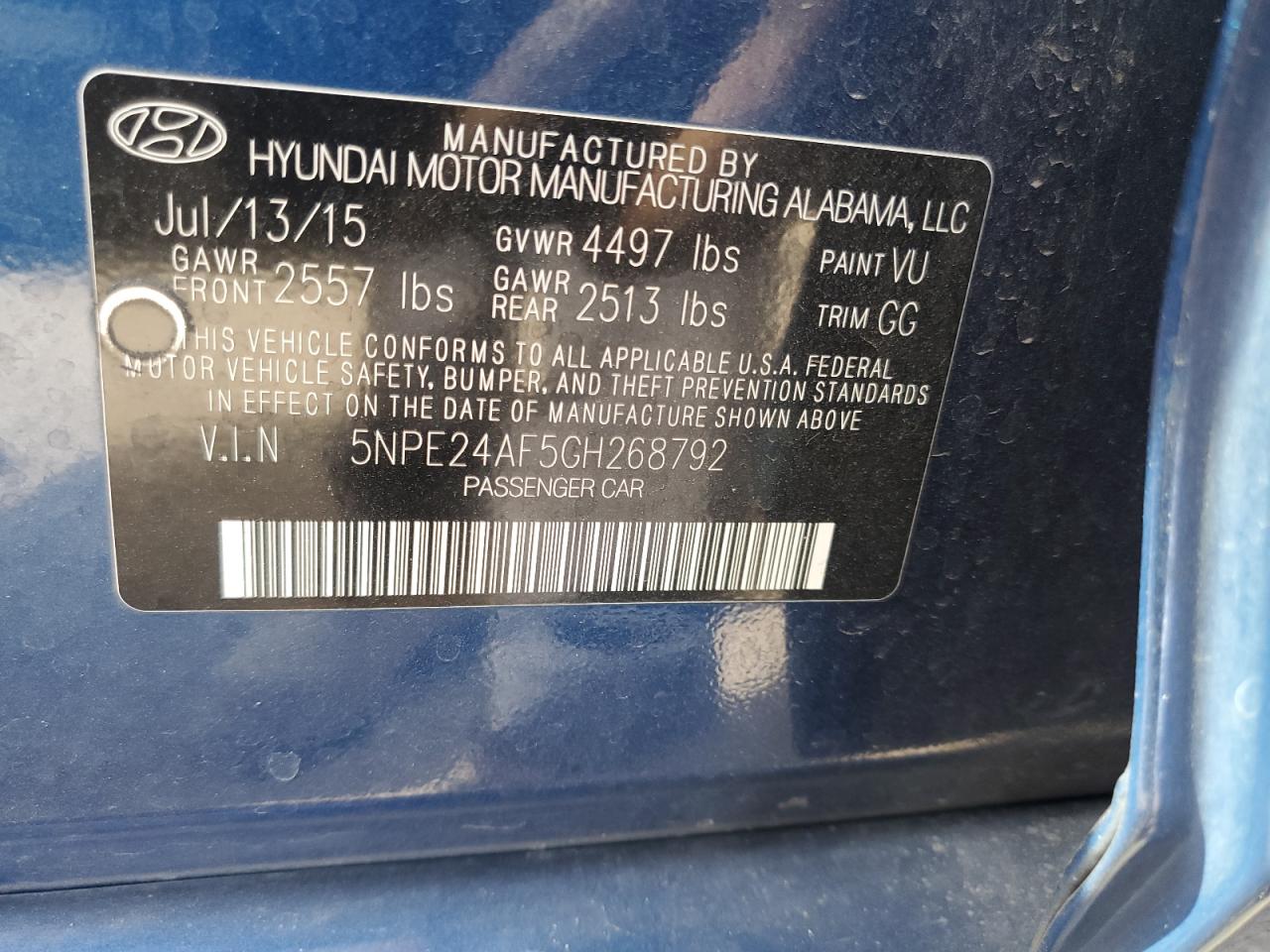 5NPE24AF5GH268792 2016 Hyundai Sonata Se