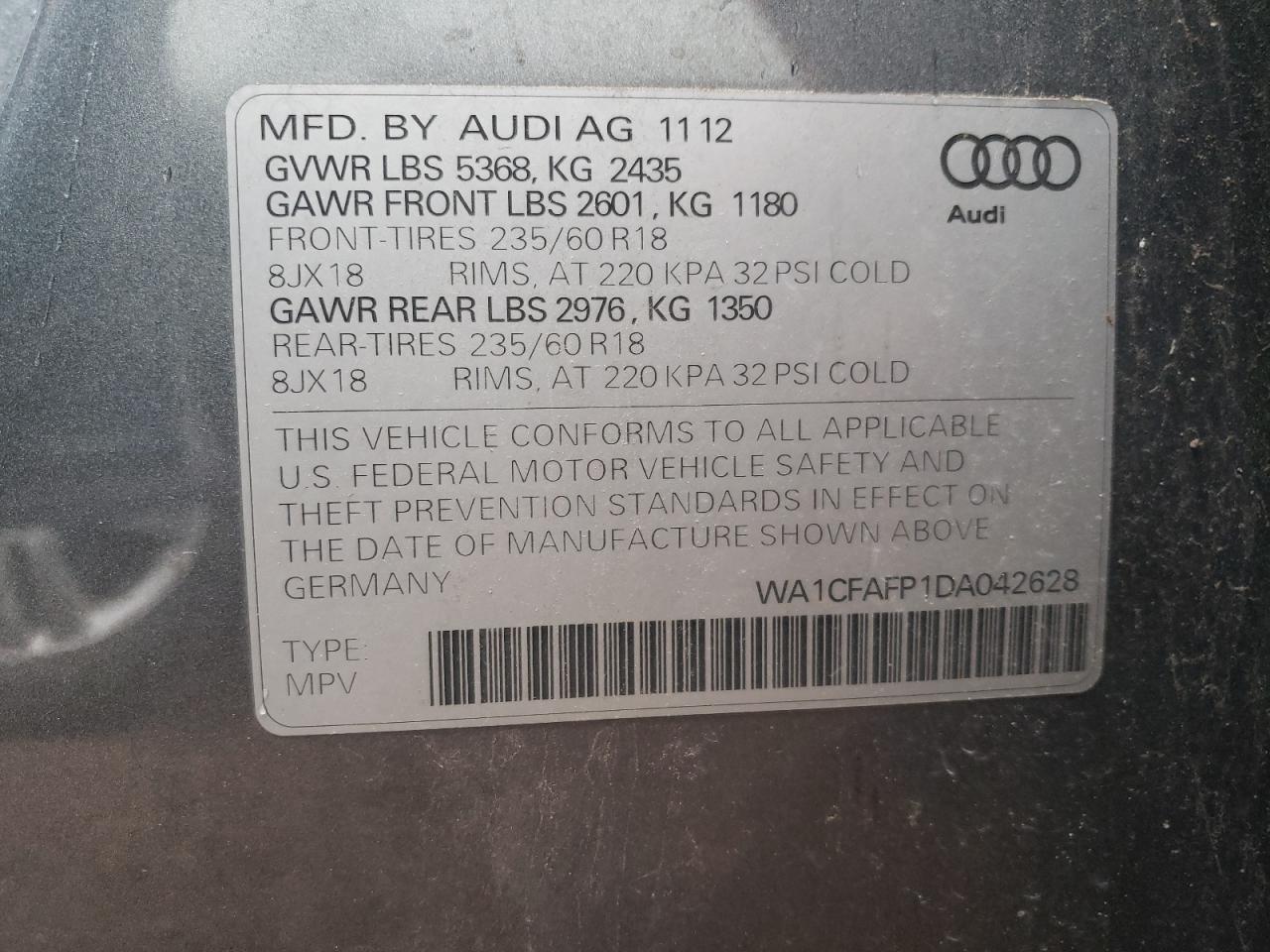 WA1CFAFP1DA042628 2013 Audi Q5 Premium