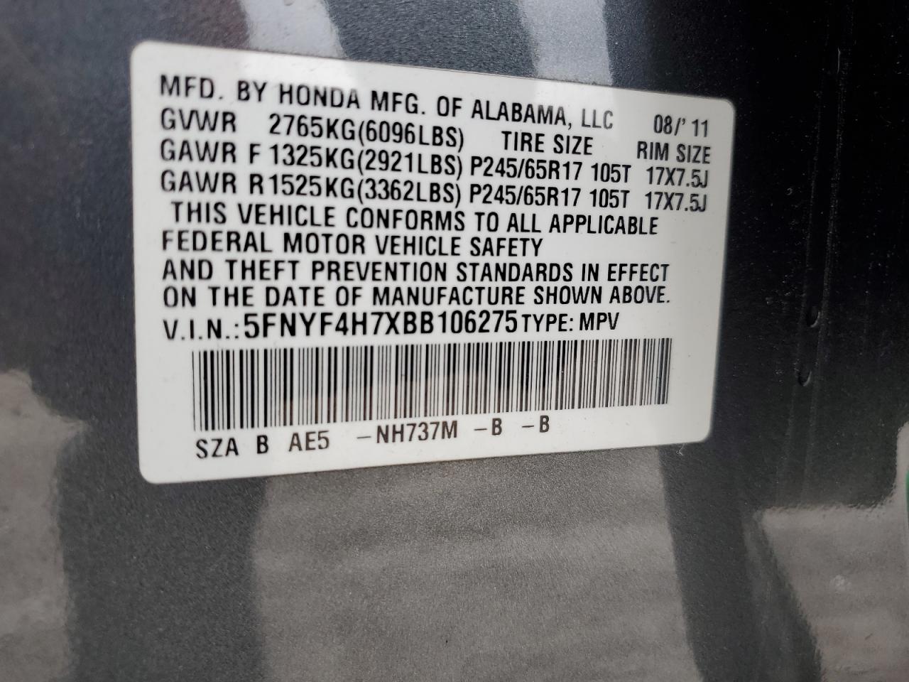 5FNYF4H7XBB106275 2011 Honda Pilot Exln