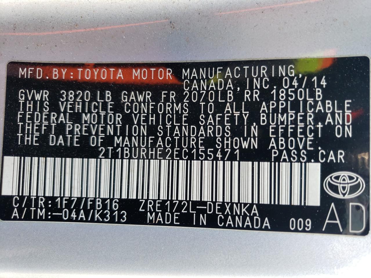 2T1BURHE2EC155471 2014 Toyota Corolla L