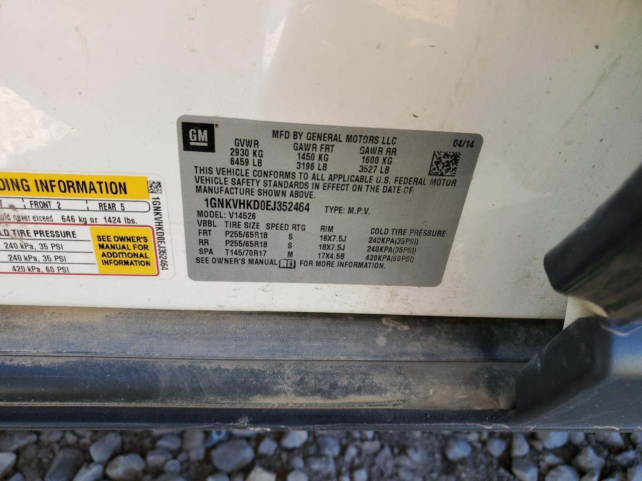 1GNKVHKD0EJ352464 2014 Chevrolet Traverse Lt