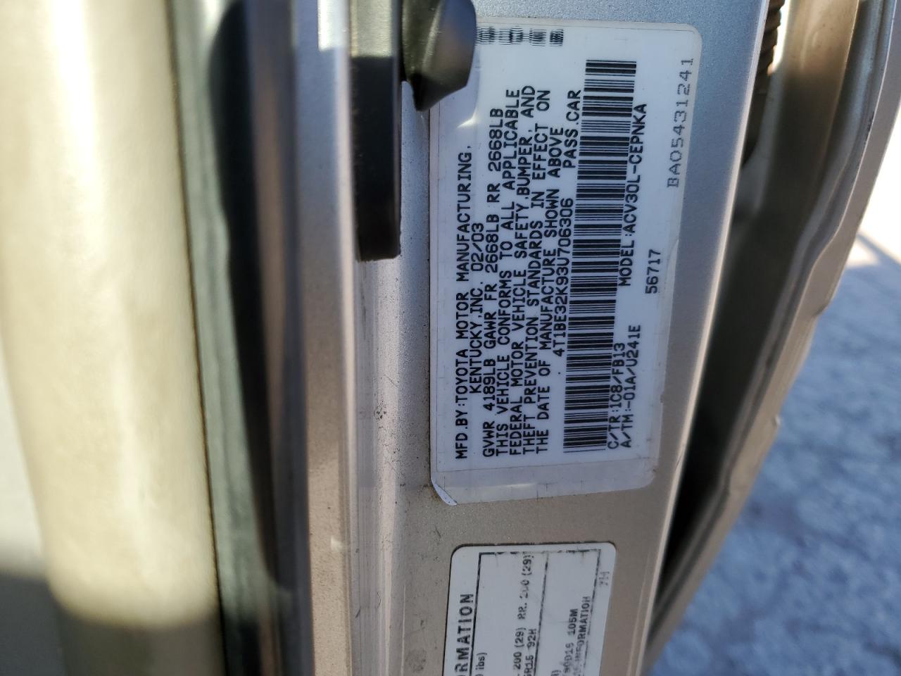 4T1BE32K93U706306 2003 Toyota Camry Le