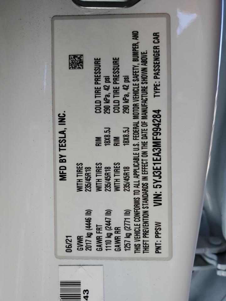 5YJ3E1EA3MF994284 2021 Tesla Model 3