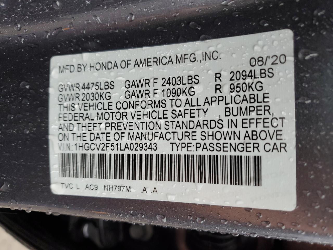 1HGCV2F51LA029343 2020 Honda Accord Exl