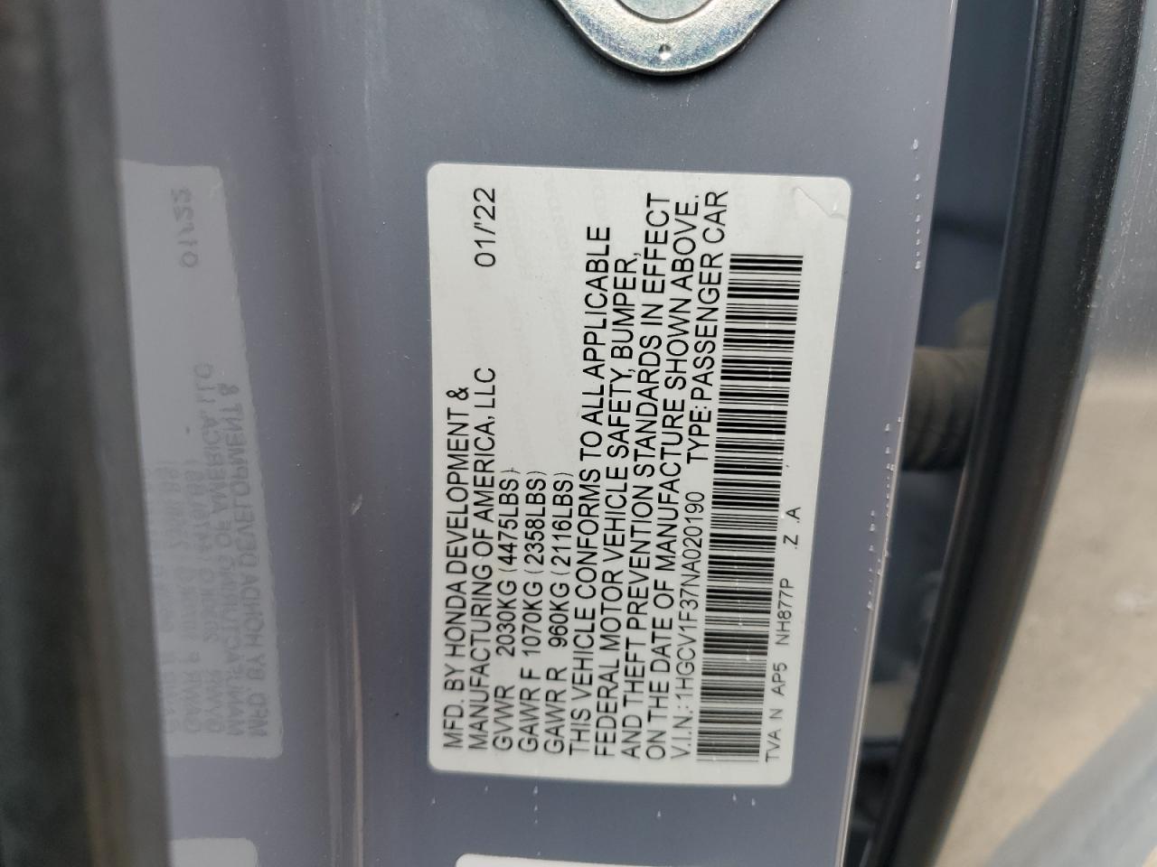 1HGCV1F37NA020190 2022 Honda Accord Sport