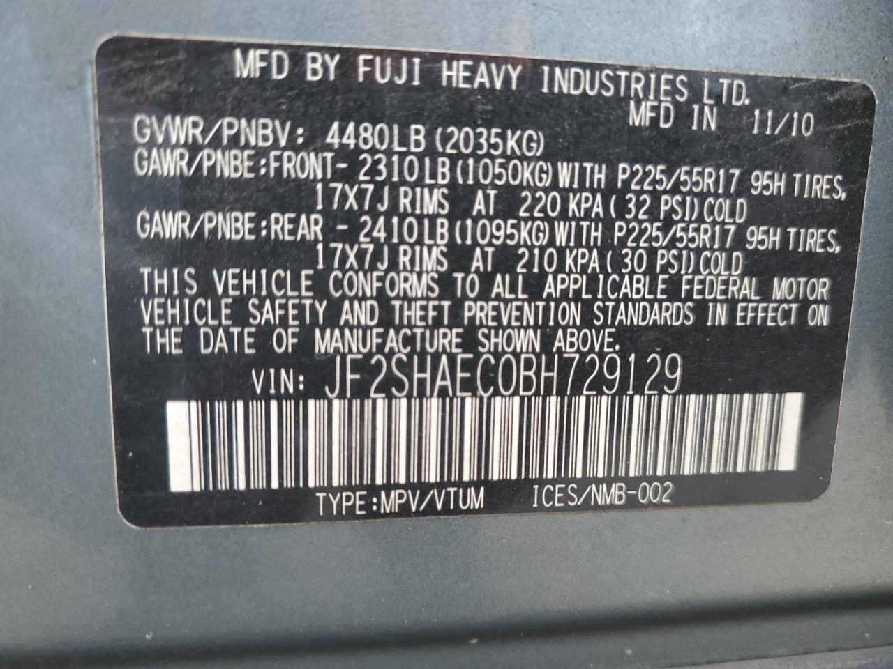 JF2SHAEC0BH729129 2011 Subaru Forester Limited