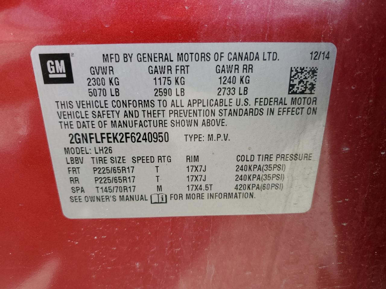 2015 Chevrolet Equinox Lt vin: 2GNFLFEK2F6240950