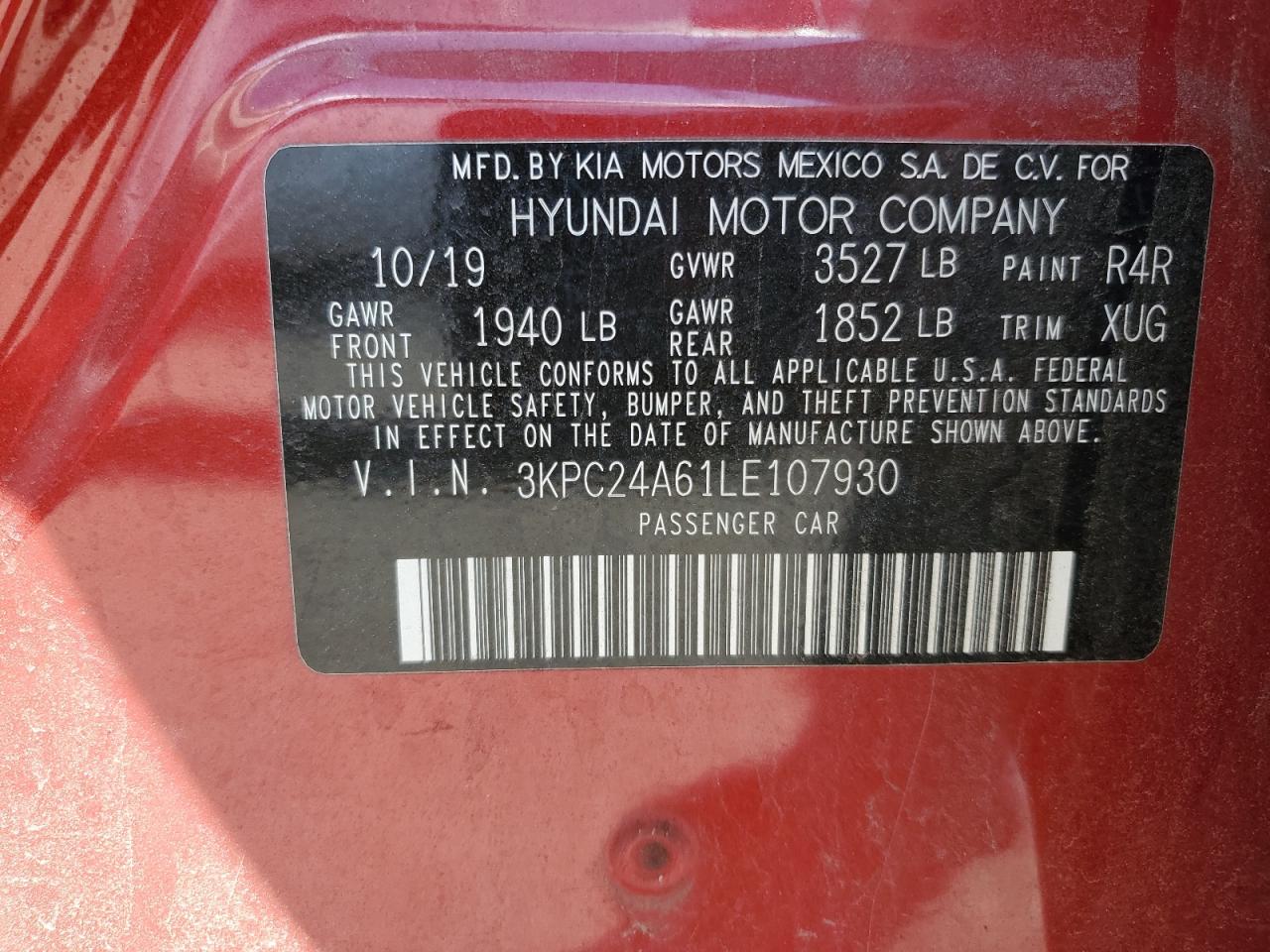 3KPC24A61LE107930 2020 Hyundai Accent Se