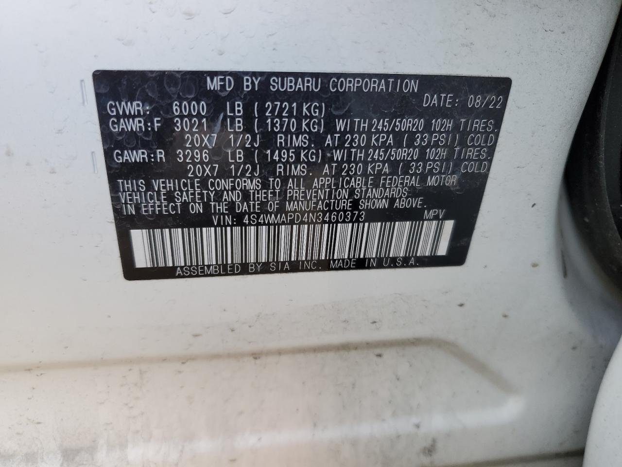 4S4WMAPD4N3460373 2022 Subaru Ascent Limited