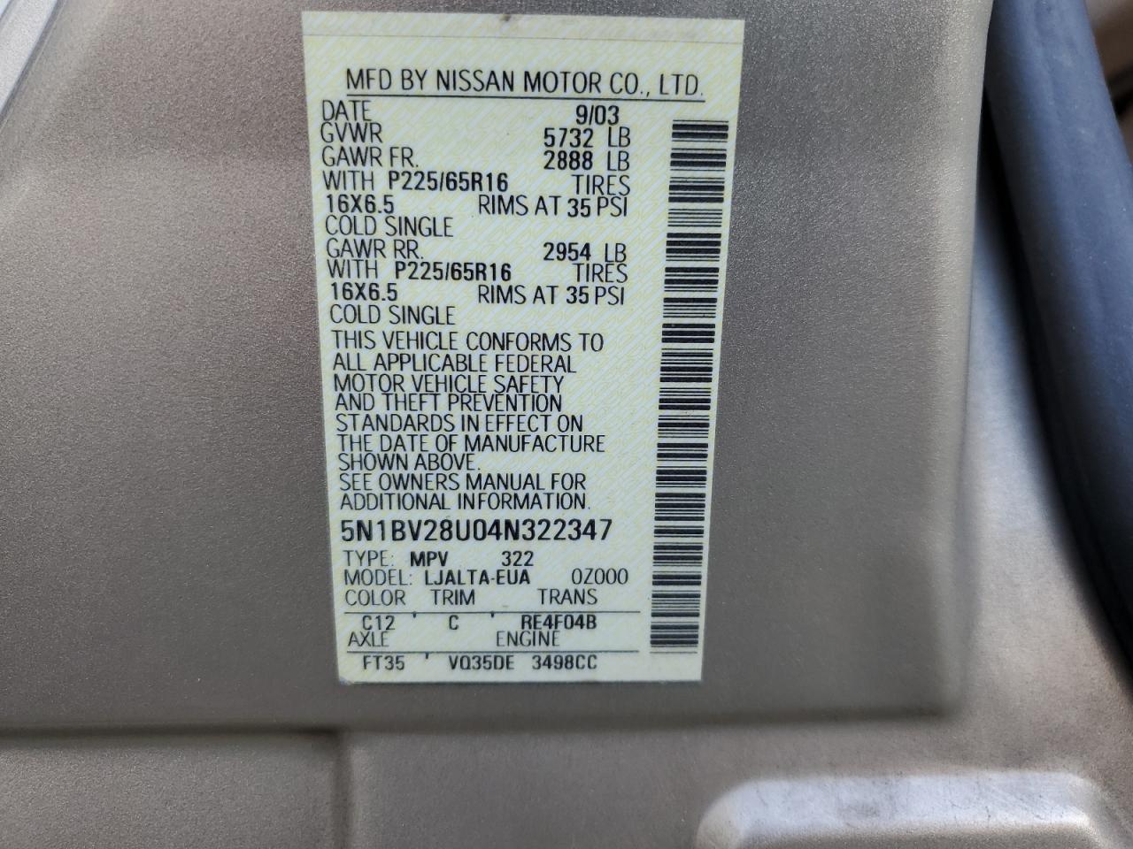 5N1BV28U04N322347 2004 Nissan Quest S