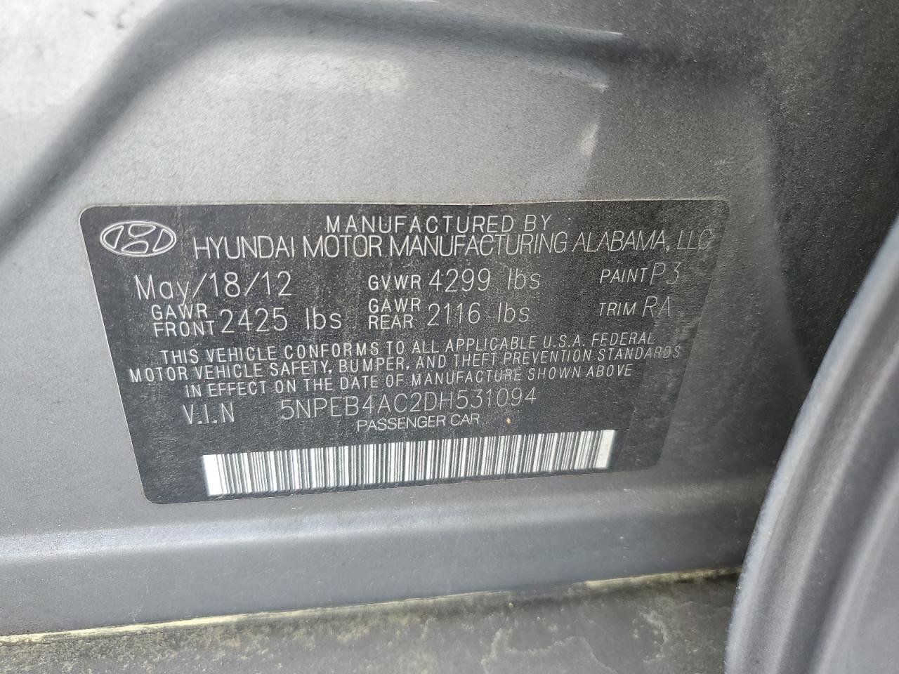 5NPEB4AC2DH531094 2013 Hyundai Sonata Gls