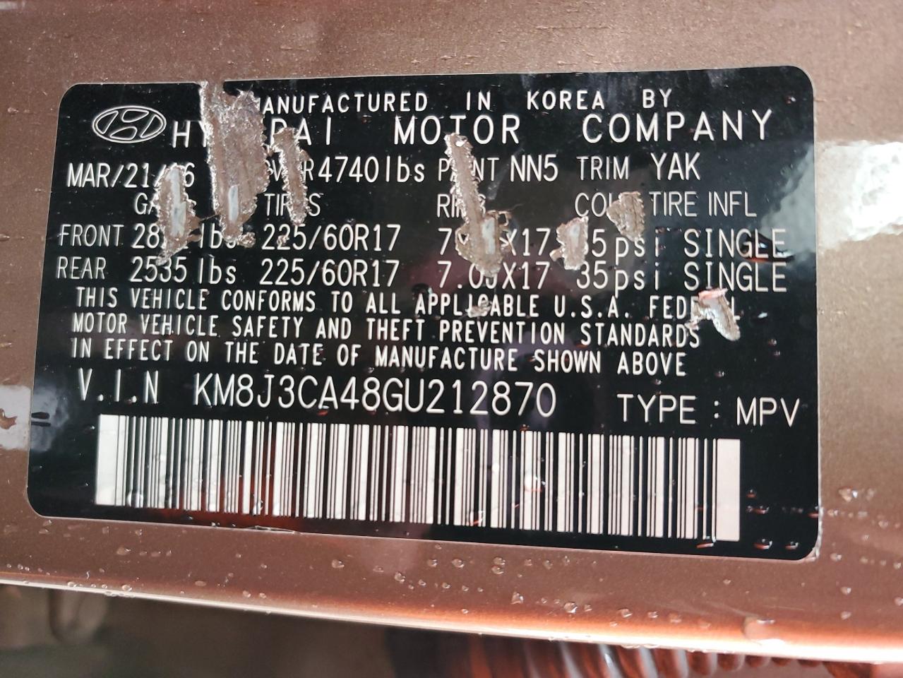 KM8J3CA48GU212870 2016 Hyundai Tucson Limited