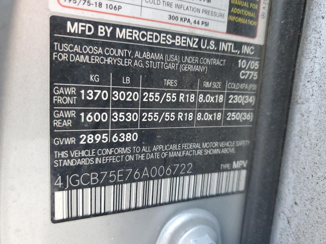 4JGCB75E76A006722 2006 Mercedes-Benz R 500