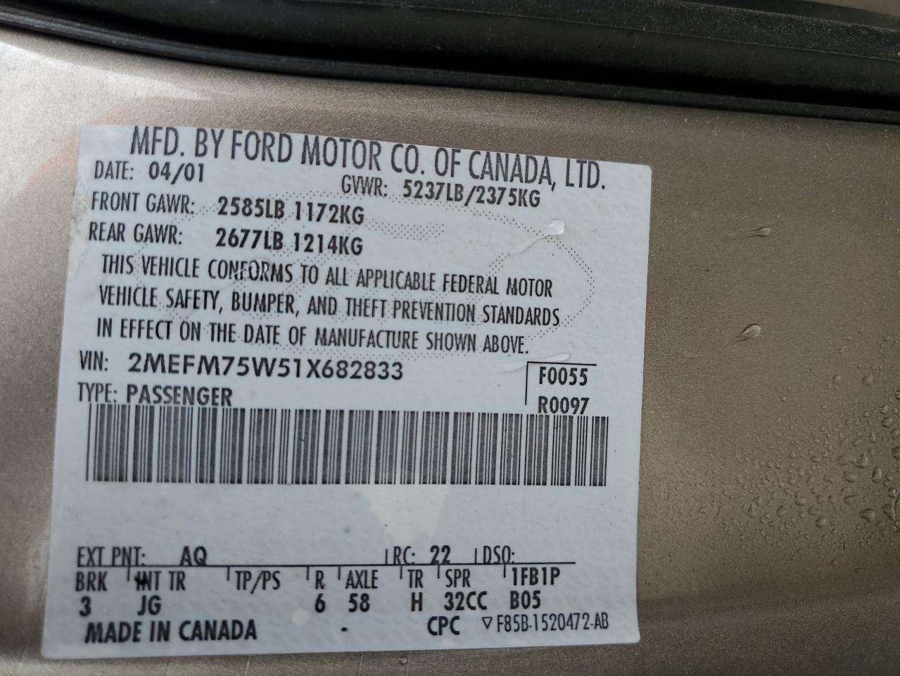 2MEFM75W51X682833 2001 Mercury Grand Marquis Ls