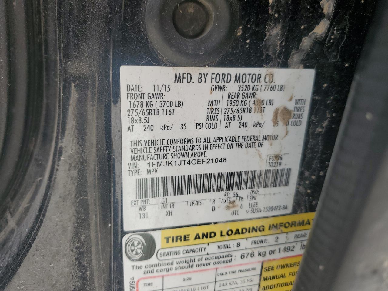 1FMJK1JT4GEF21048 2016 Ford Expedition El Xlt