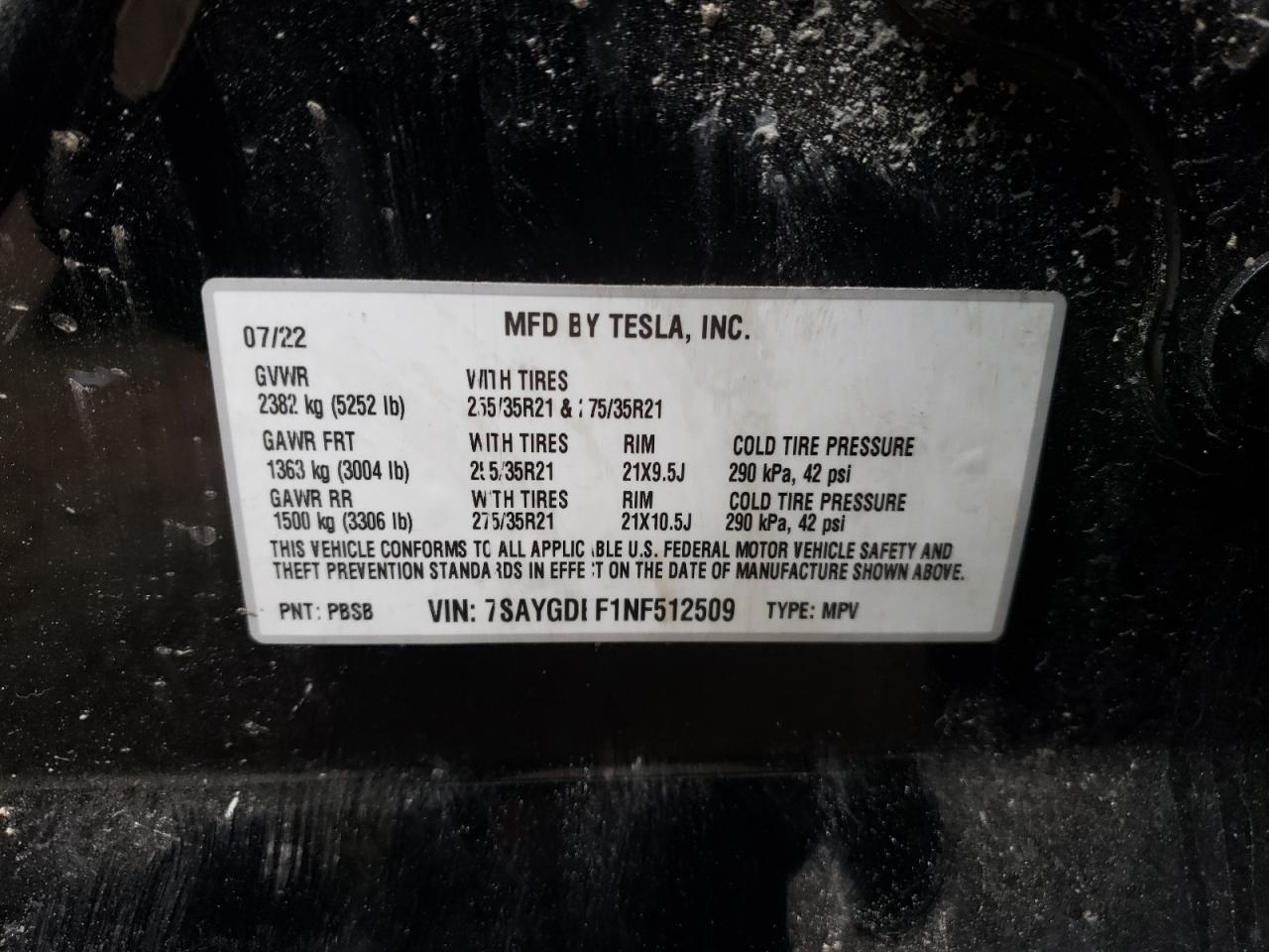 7SAYGDEF1NF512509 2022 Tesla Model Y