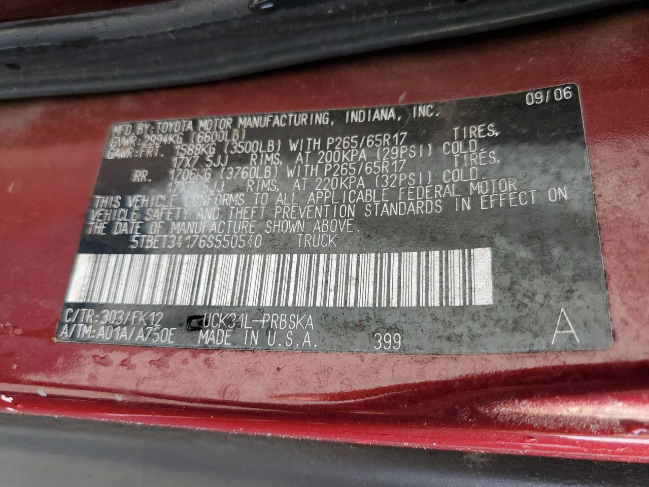 5TBET34176S550540 2006 Toyota Tundra Double Cab Sr5