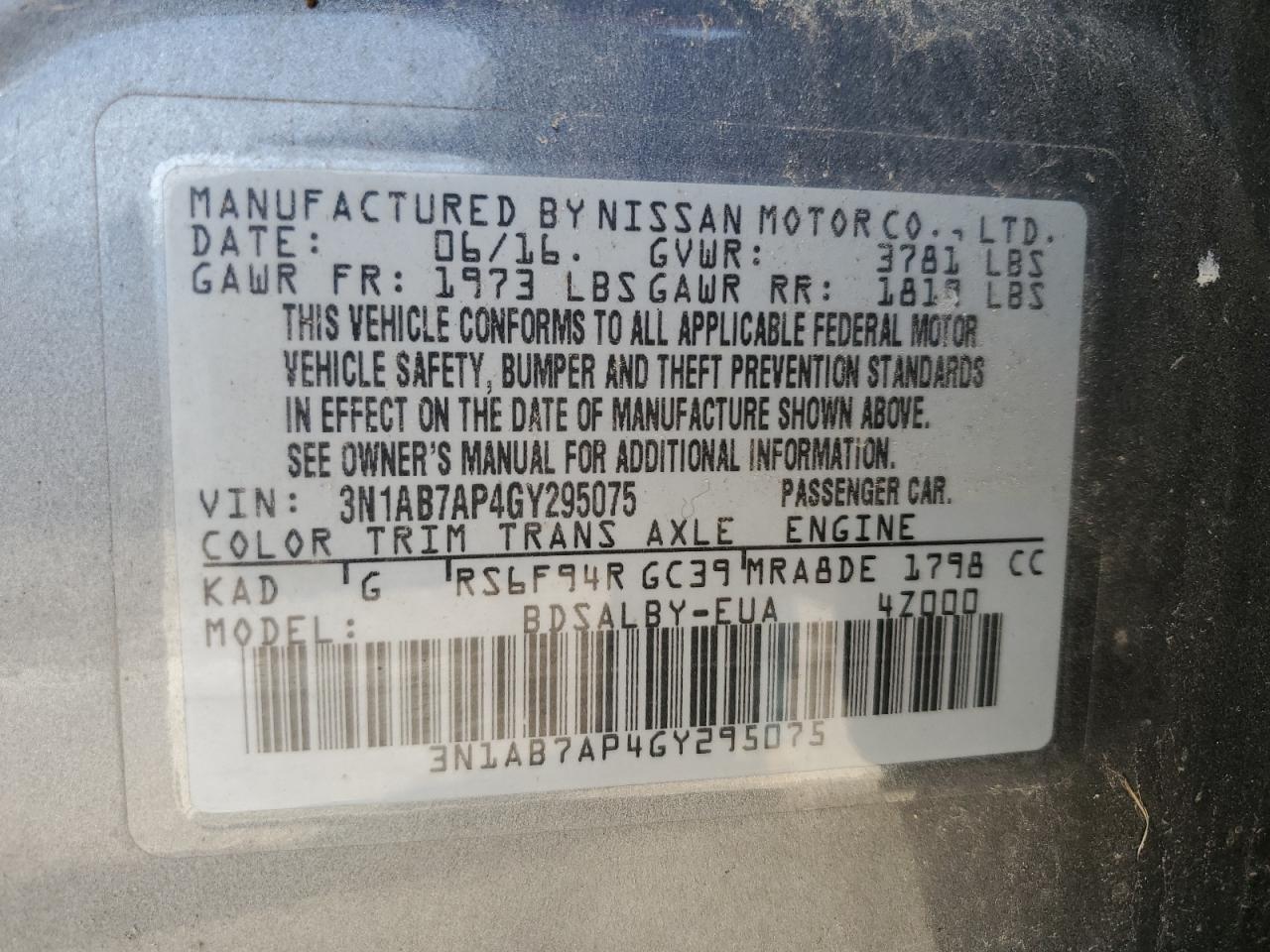 3N1AB7AP4GY295075 2016 Nissan Sentra S