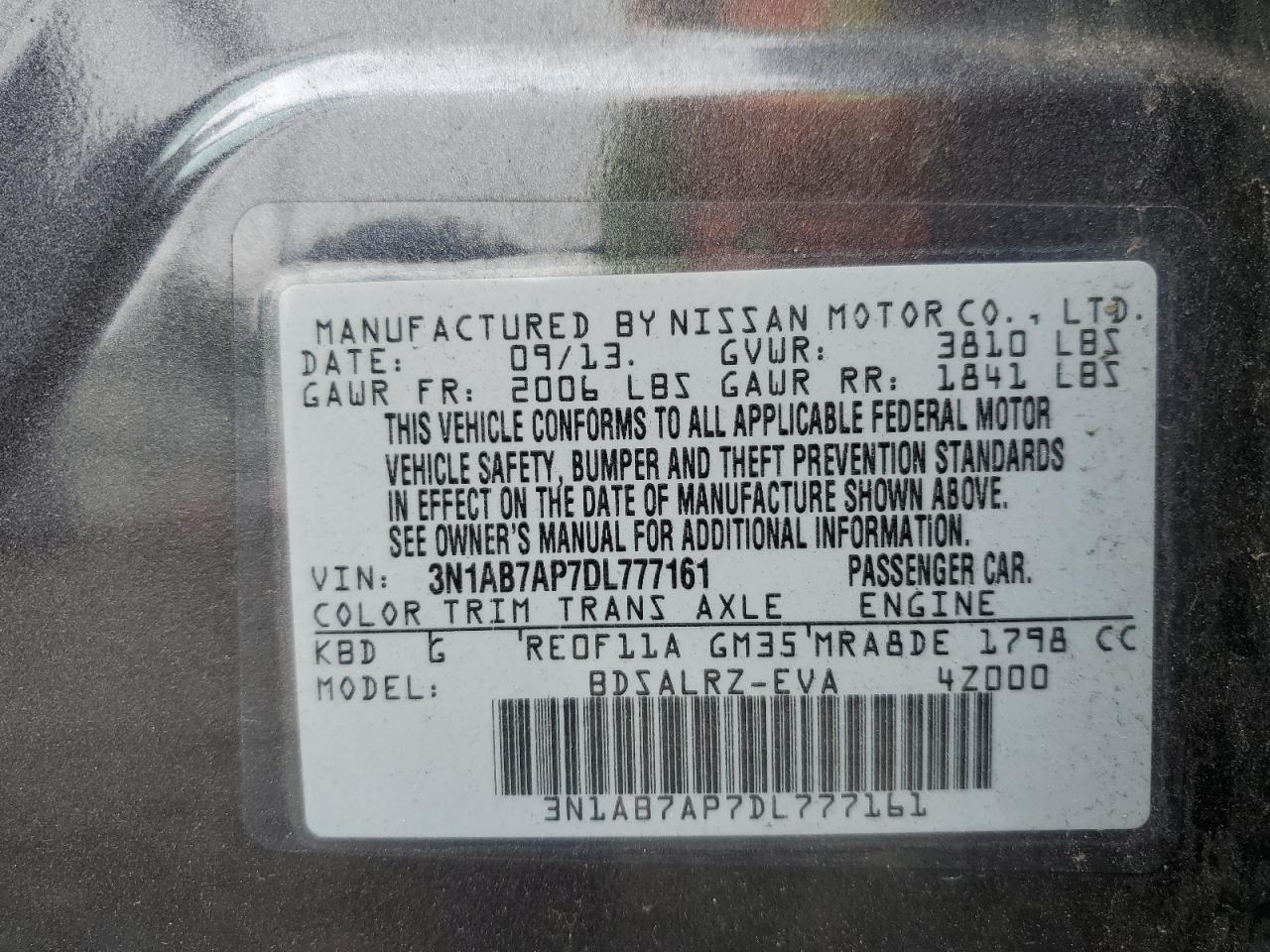 3N1AB7AP7DL777161 2013 Nissan Sentra S