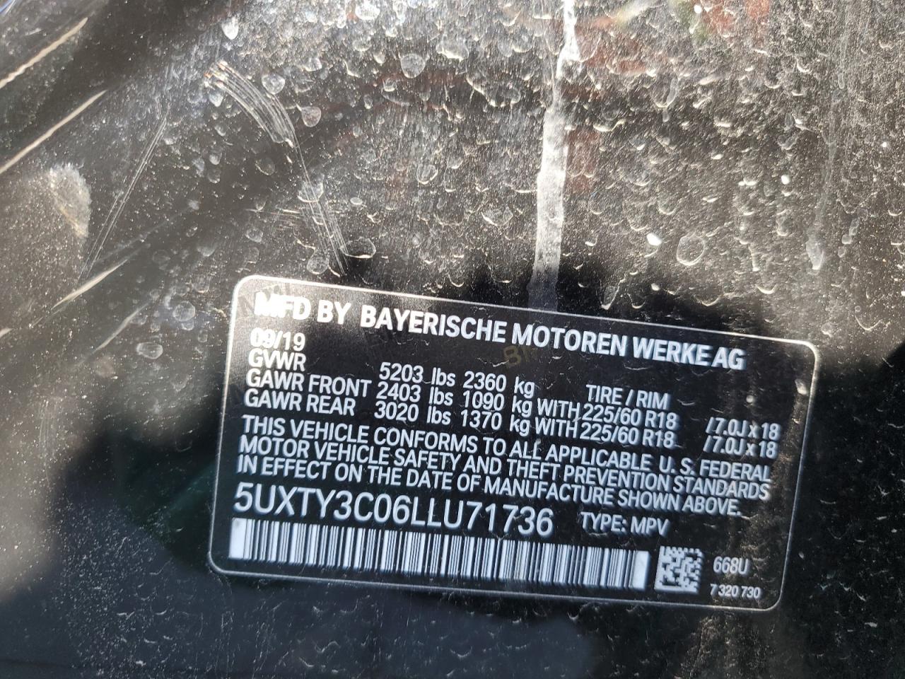 5UXTY3C06LLU71736 2020 BMW X3 Sdrive30I