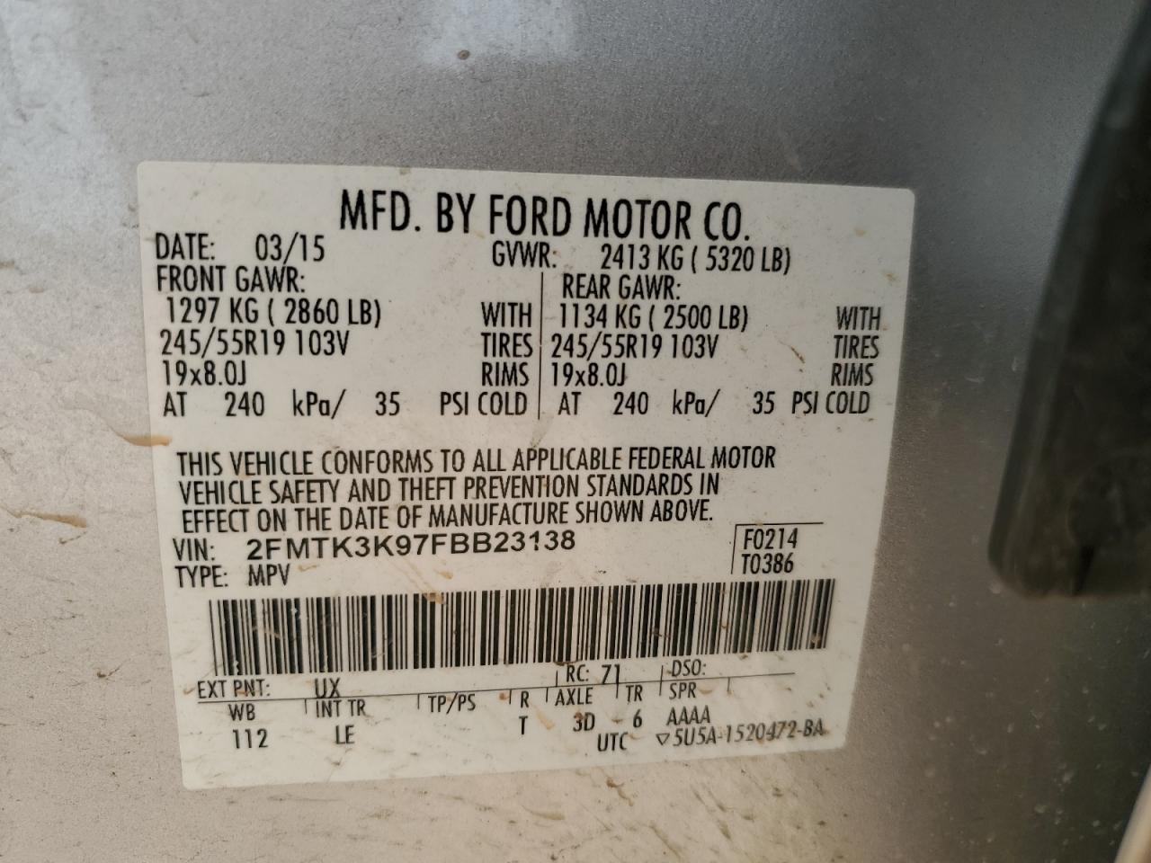 2FMTK3K97FBB23138 2015 Ford Edge Titanium