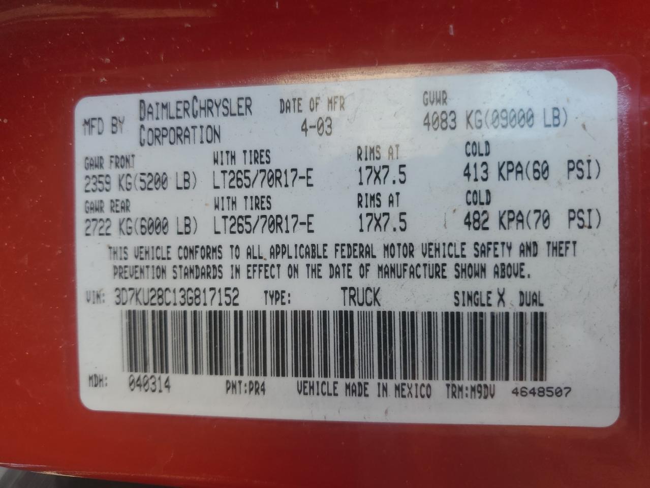 3D7KU28C13G817152 2003 Dodge Ram 2500 St