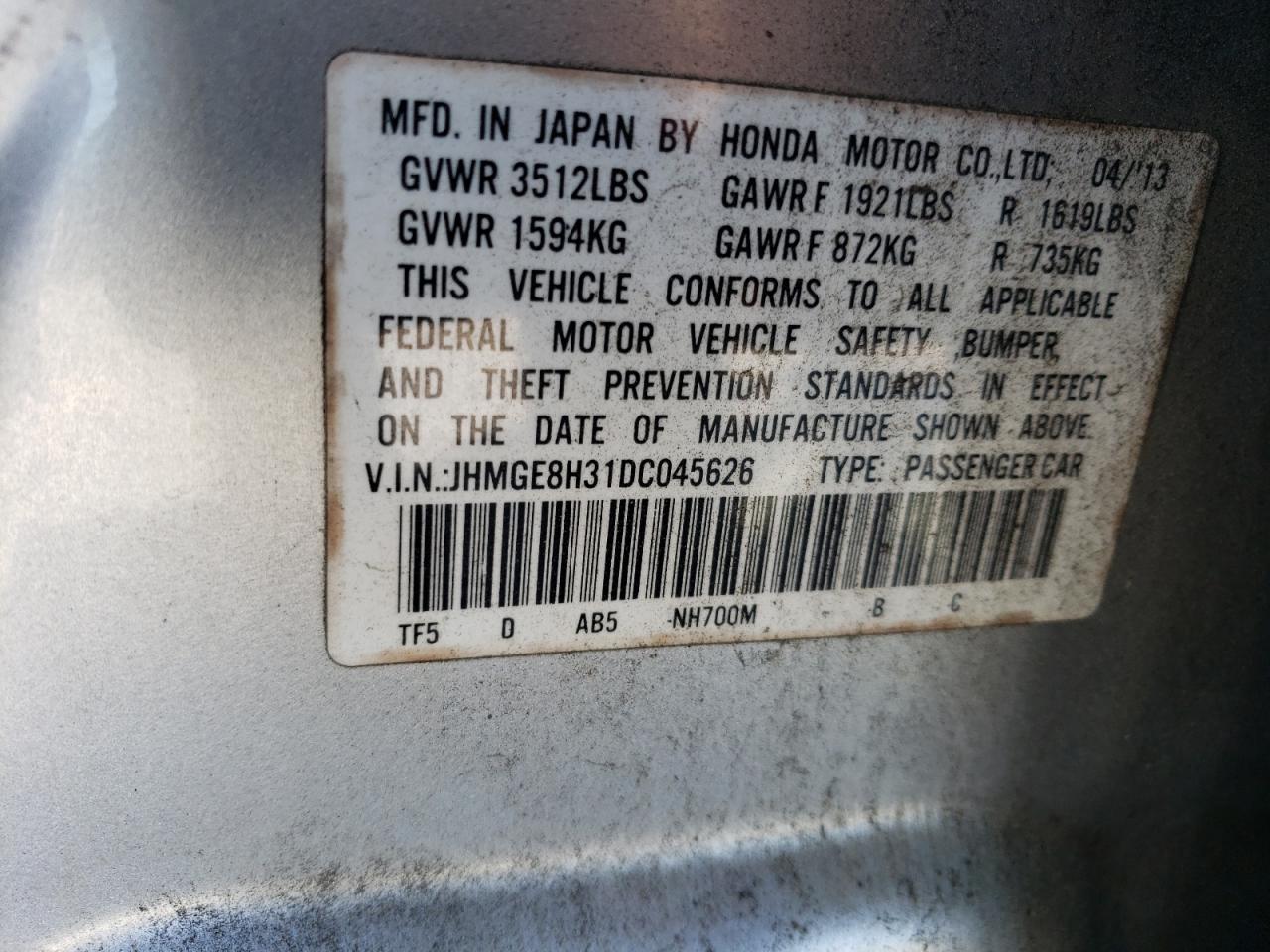 JHMGE8H31DC045626 2013 Honda Fit