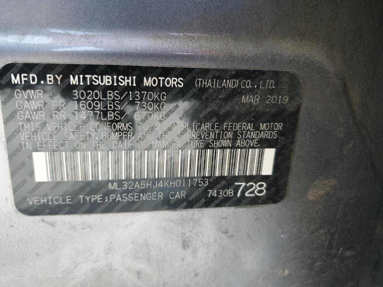 ML32A5HJ4KH011753 2019 Mitsubishi Mirage Le