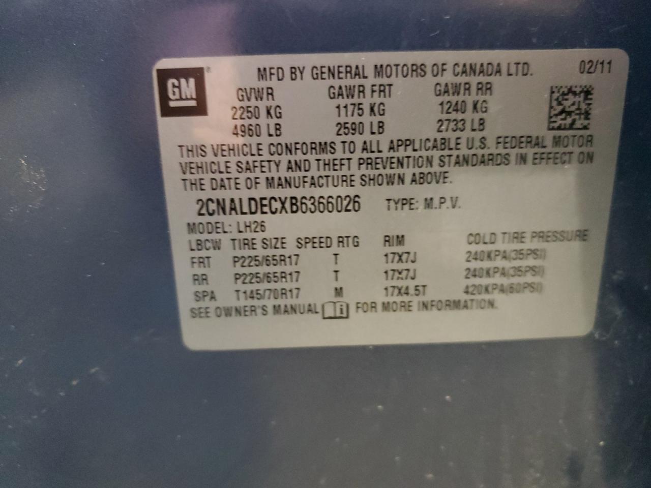 2CNALDECXB6366026 2011 Chevrolet Equinox Lt