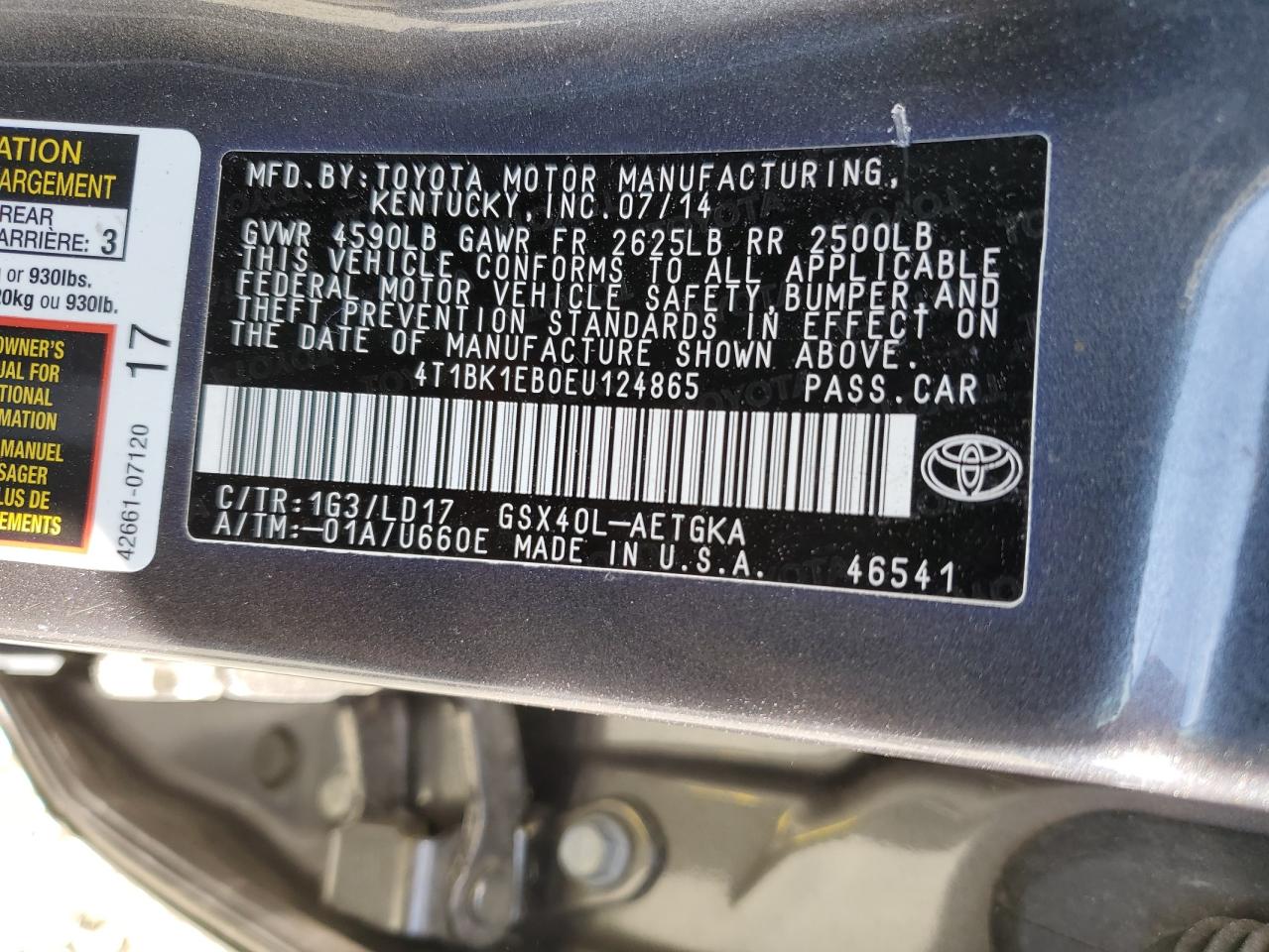 4T1BK1EB0EU124865 2014 Toyota Avalon Base