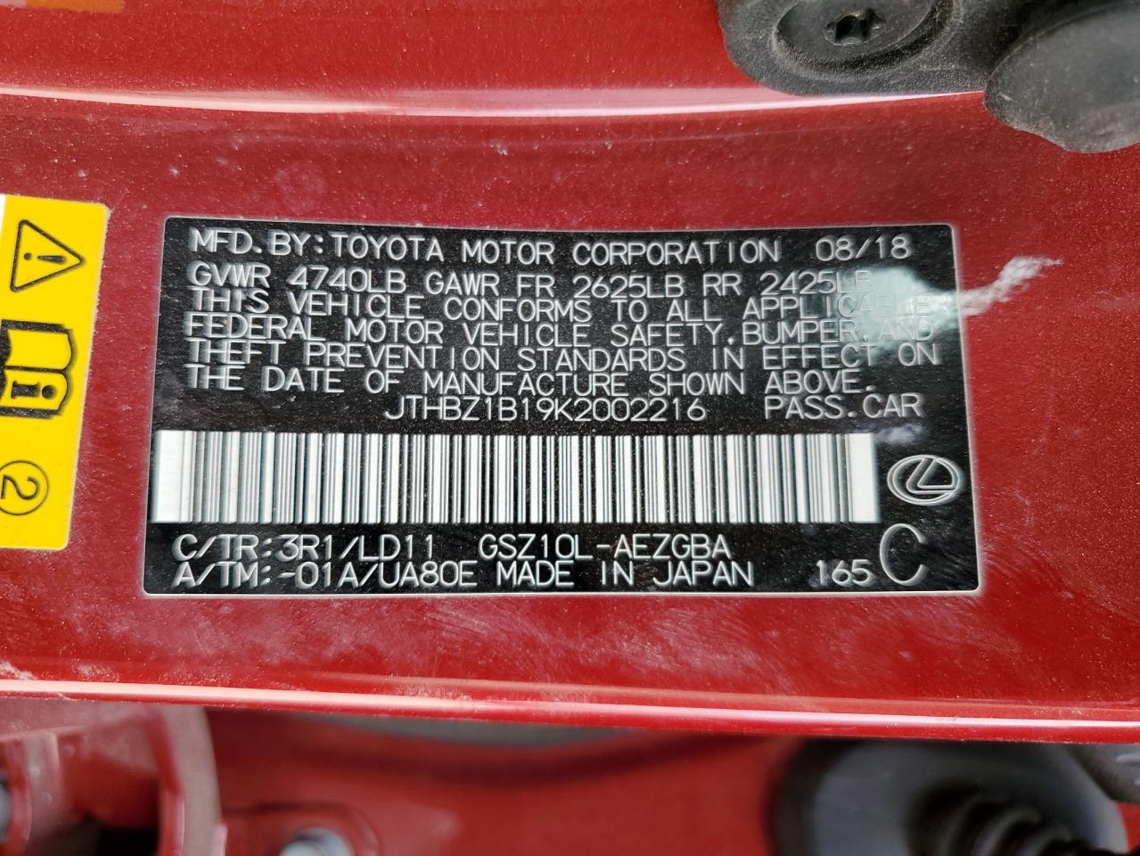 JTHBZ1B19K2002216 2019 Lexus Es 350