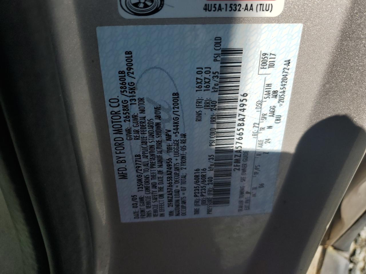 2FMZA57665BA74956 2005 Ford Freestar Ses