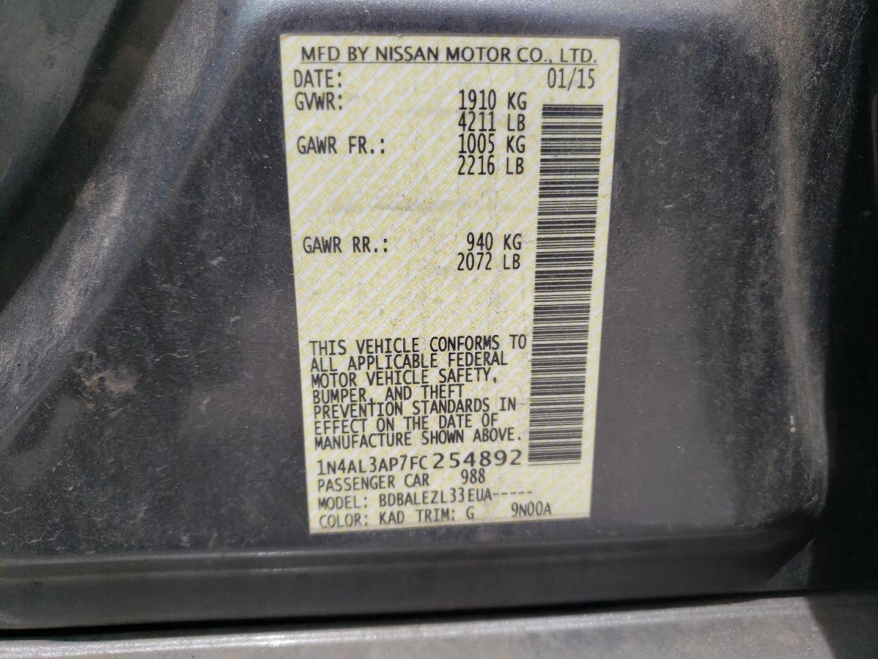 2015 Nissan Altima 2.5 vin: 1N4AL3AP7FC254892