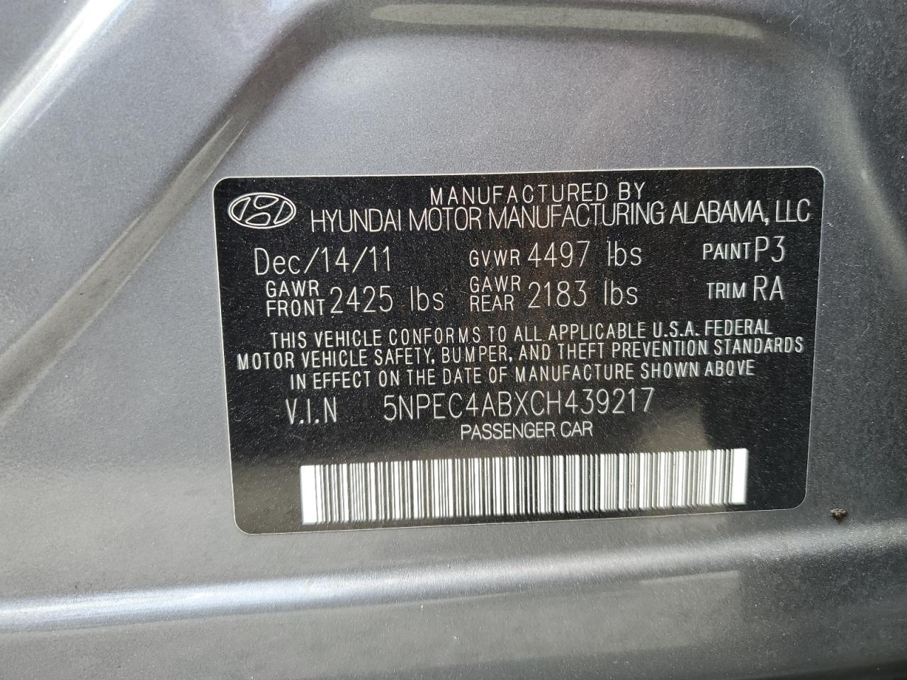 5NPEC4ABXCH439217 2012 Hyundai Sonata Se