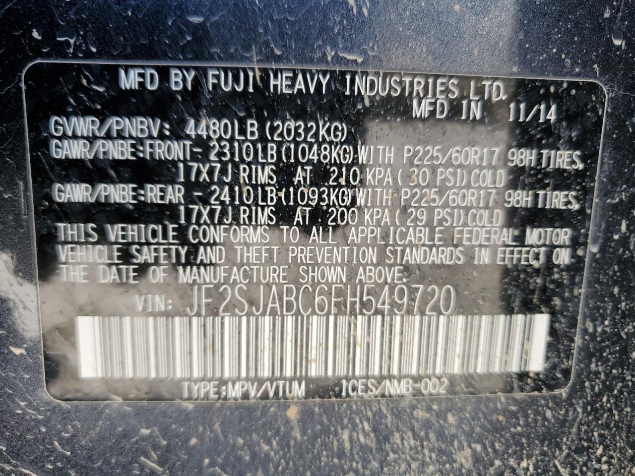 JF2SJABC6FH549720 2015 Subaru Forester 2.5I